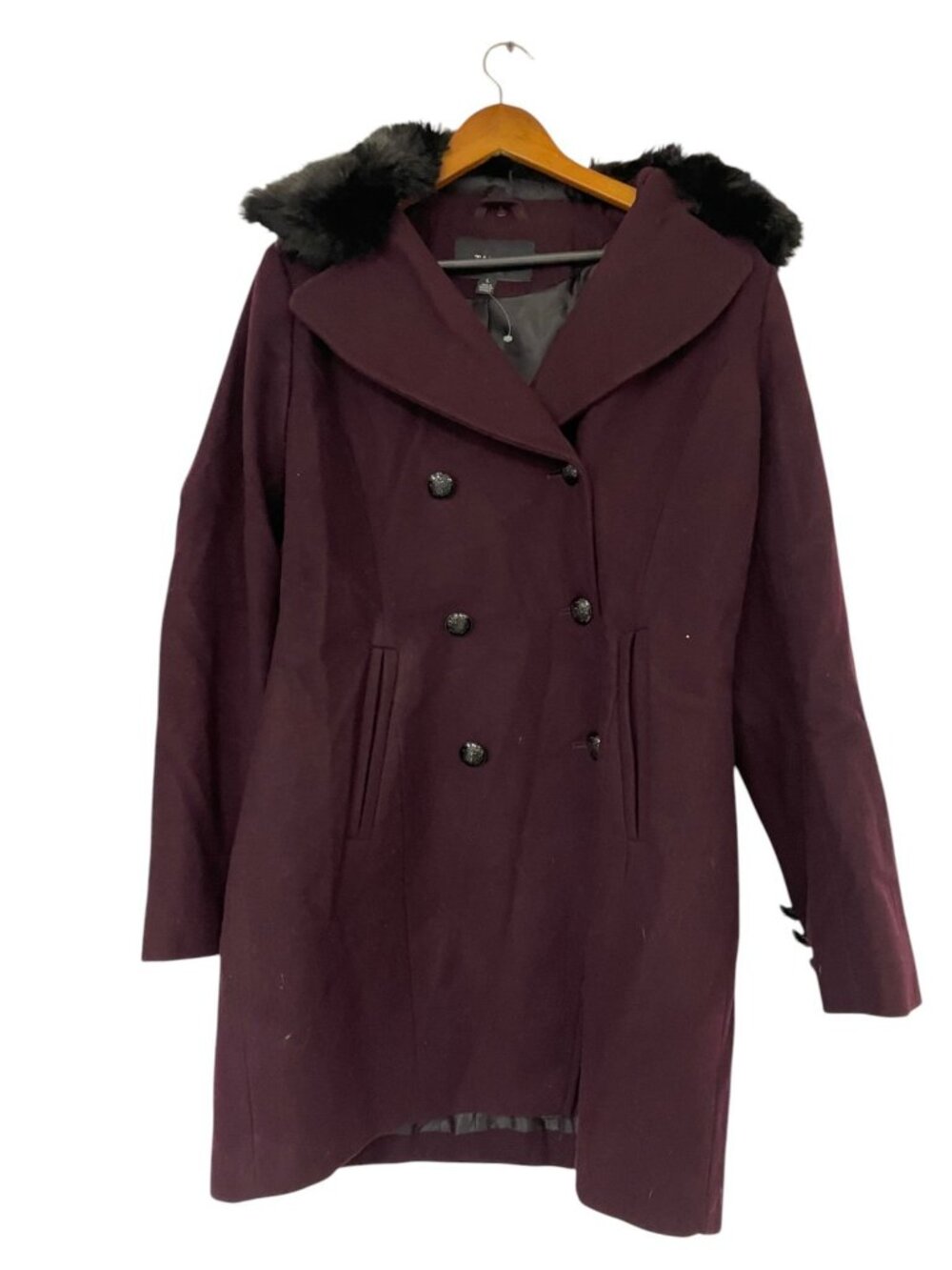 Tahari Womens Peacoat Coat Large Burgundy Plum Faux Fur Wool Double Breasted